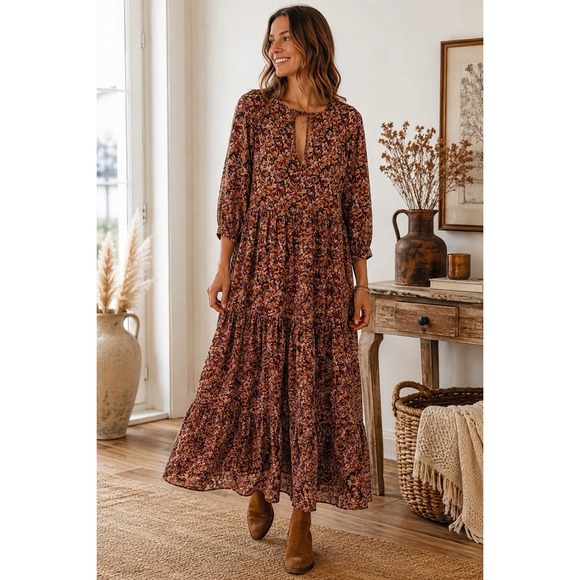 NATURAL LIFE Dresses & Skirts - Natural Life Maxi Dress M Keyhol Brown Floral Tiered 3/4 Sleeve Boho Cottagecore